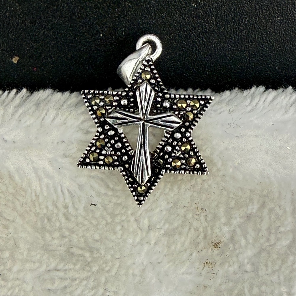 Vintage Jerusalem Pendant Sterling Silver Star of David Cross Marcasite